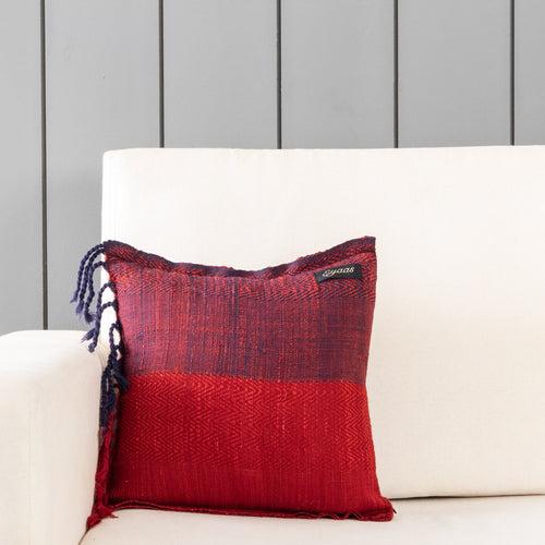 Handwoven Upcycled Red & Blue Wool & Oak Silk Cushion Cover - 12x12