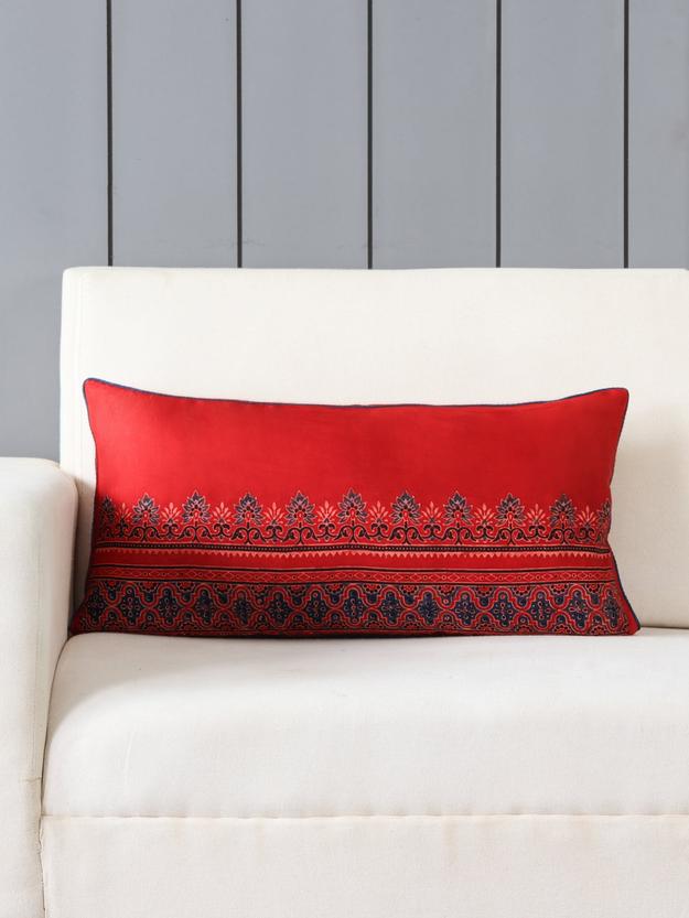 Ajrakh Modal Silk Cushion Cover with Filler Red & Indigo - 12x24