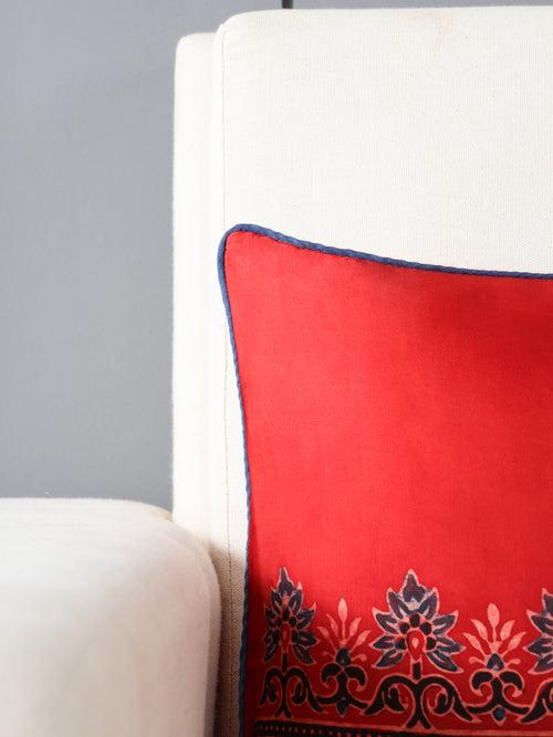 Ajrakh Modal Silk Cushion Cover with Filler Red & Indigo - 12x24