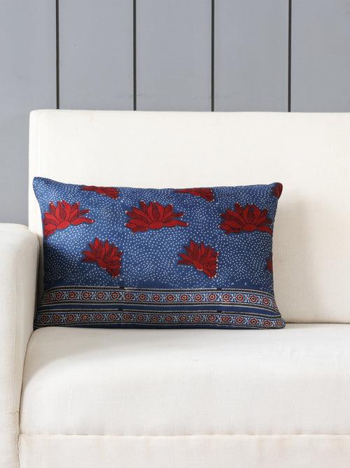 Ajrakh Modal Silk Rectangle Floral Cushion Cover Indigo & Red - 12x18