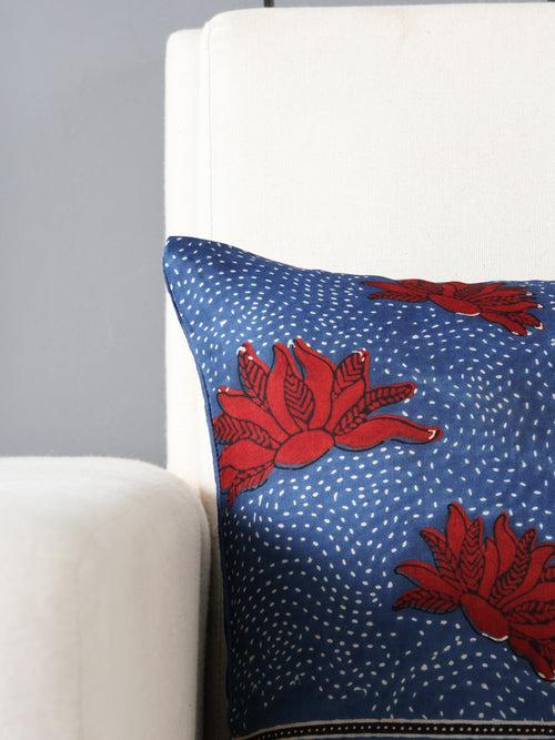 Ajrakh Modal Silk Rectangle Floral Cushion Cover Indigo & Red - 12x18