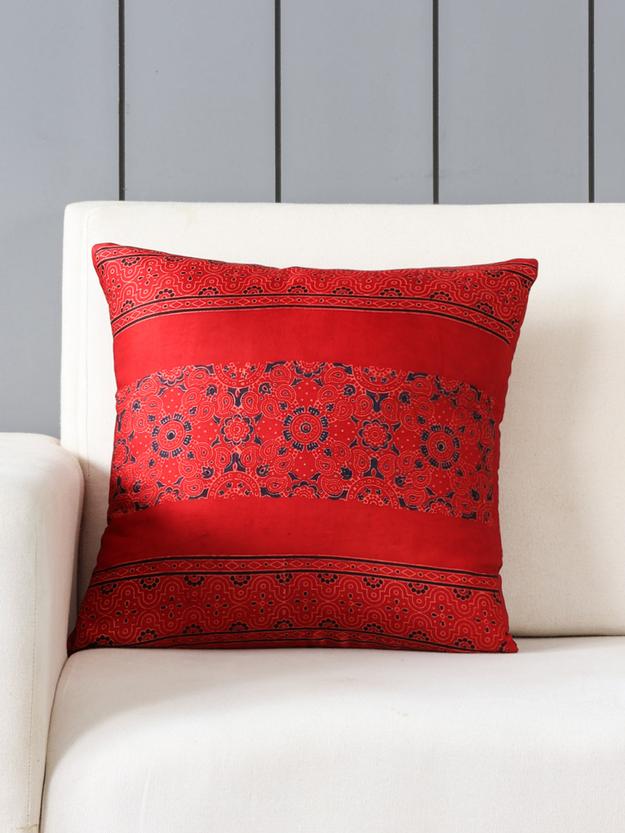 Ethnic Motifs Ajrakh Modal Silk Cushion Cover Red - 16x16