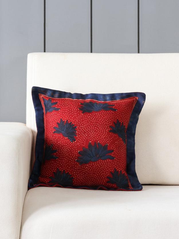 Ajrakh Modal Silk Cushion Cover Red & Indigo 12x12