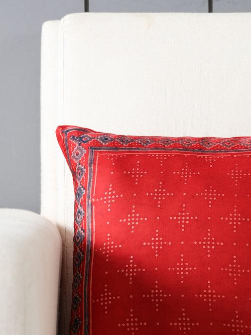 Ajrakh Modal Silk Cushion Cover Red Indigo Border - 12x12