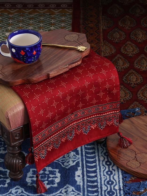 Red with Indigo Border Ajrakh Printed Modal Silk Table Runner 13x60