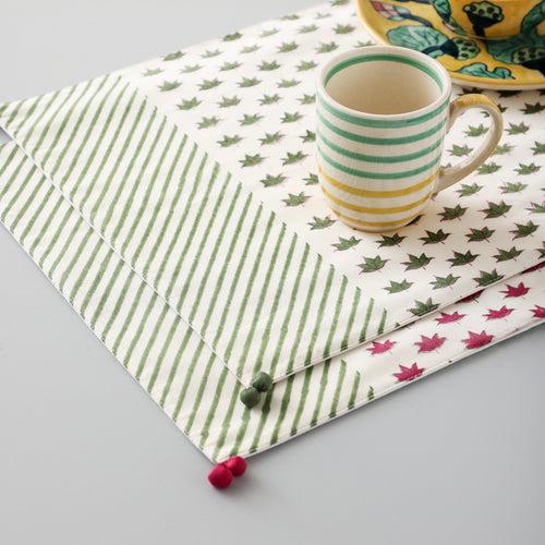 Hand Block Printed Chanderi Table Mats with Lotus in Green & Pink - Set of 2 - 14x18