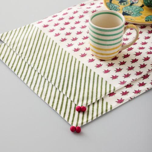 Hand Block Printed Chanderi Table Mats in Pink Lotus & Green Stripes Set of 2 - 14x18