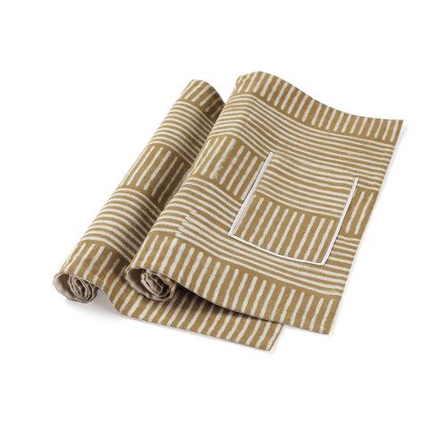 Dabu Table Mats in Muddy Green & White Stripes with Pockets - Set of 2- 14x18"