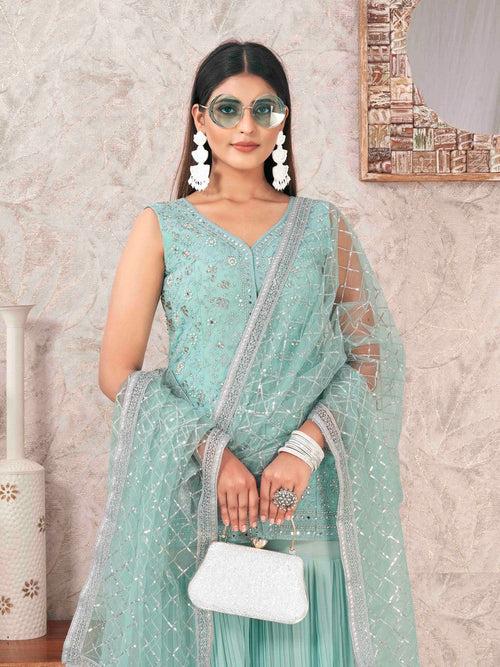 Divine Aqua Color Georgette Fabric Sharara Suit