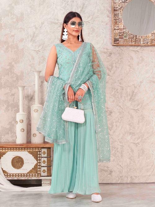 Divine Aqua Color Georgette Fabric Sharara Suit