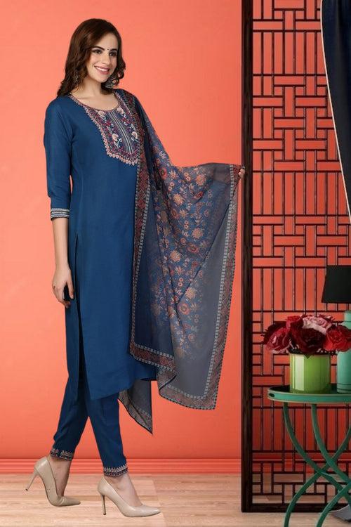 Divine Navy Blue Color Rayon Fabric Casual Suit