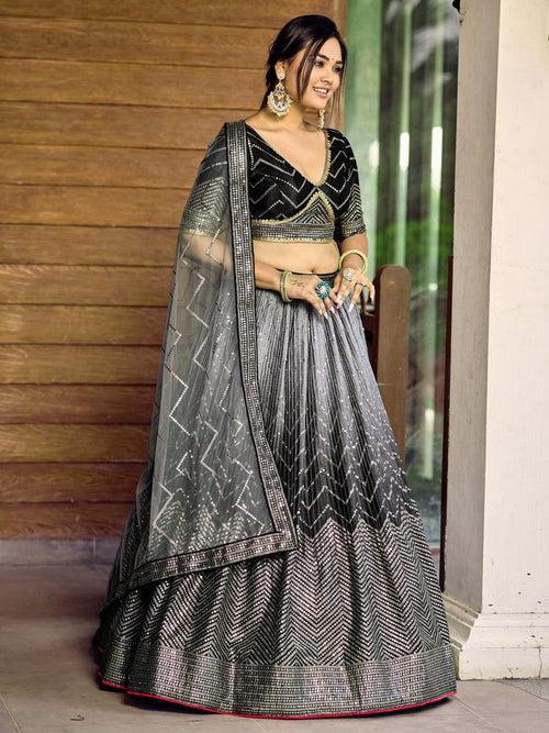 Dazzling Black Color Chinon Fabric Party Wear Lehenga