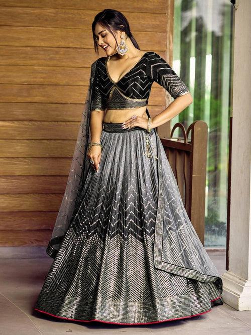 Dazzling Black Color Chinon Fabric Party Wear Lehenga