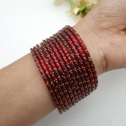 Raindrop Crystal Cut Glass Bangles - Maroon