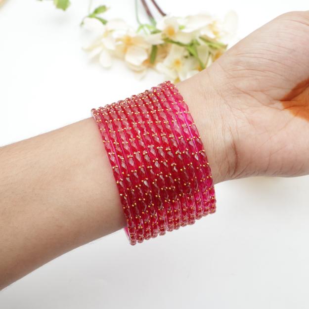 Raindrop Crystal Cut Glass Bangles - Rani Pink