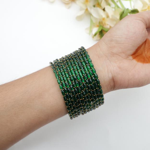 Raindrop Crystal Cut Glass Bangles - Bottle Green