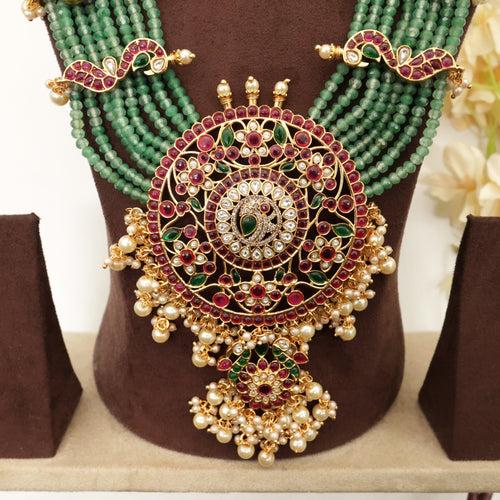 Big Kundan AD Kemp 8 Line Mayuri Chakra Pendant Bridal Haaram Set