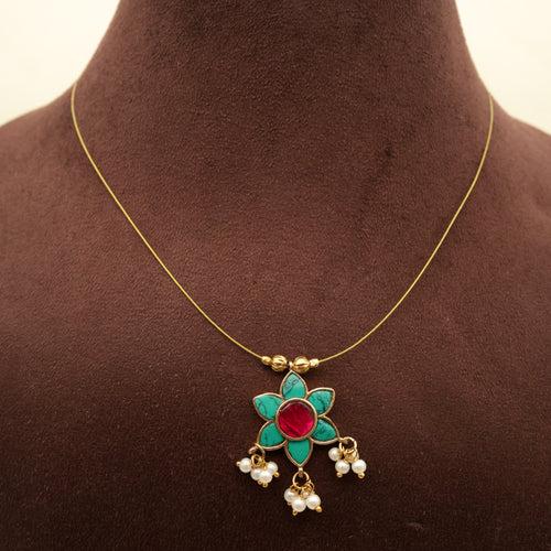 PHOOL - Handmade Jadau Kundan Invisible Necklace (Turquoise & Ruby)