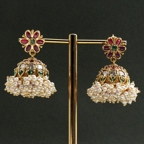 Premium Kemp Traditional Pearl Bunch AD Bridal Jhumkas