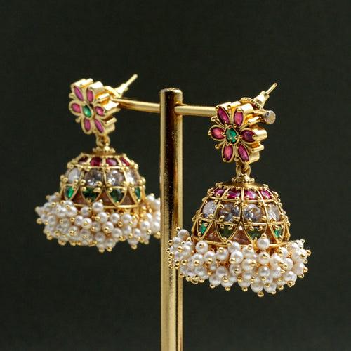 Premium Kemp Traditional Pearl Bunch AD Bridal Jhumkas