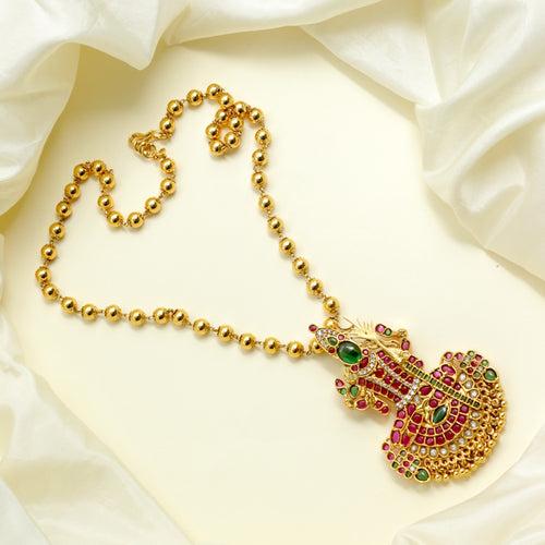 Detachable Premium Kemp Kundan Goddess Kamakshi Pendant Divine Traditional Balls Chain Necklace