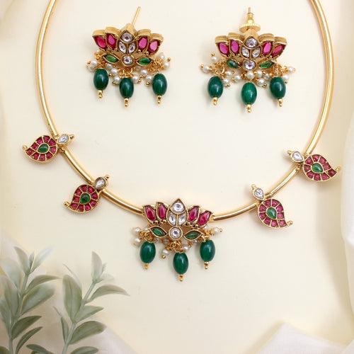 Premium Kemp Kundan Lotus Mango Hasli Necklace Set