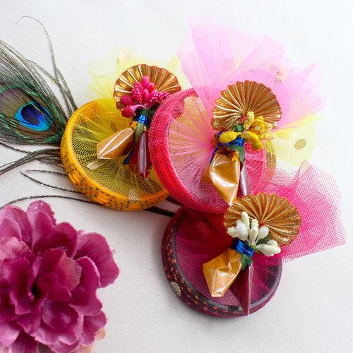 Handmade Haldi Kumkum Glass Bangles Set with Pollen Flowers Return Gift Packets - Made to Order