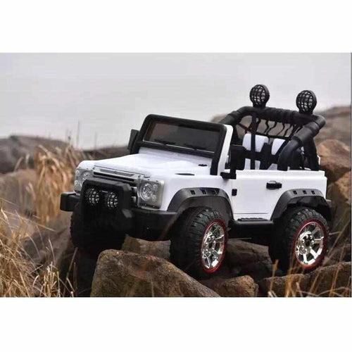 White and Black Battery-Operated Kids Courage Jeep Car with one trunk | Safety belt & 4 wheels suspension