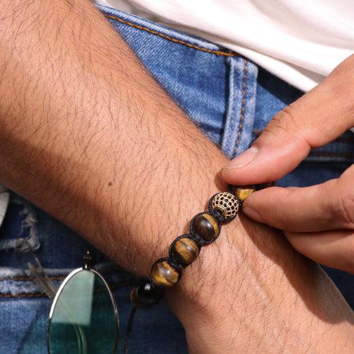 The Urban Pod Macrame Bracelet in Yellow Tiger Eye, Black Onyx Gemstones