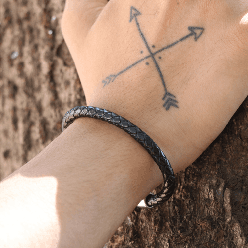 6mm Black Round Braided Leather Cuff Bracelet