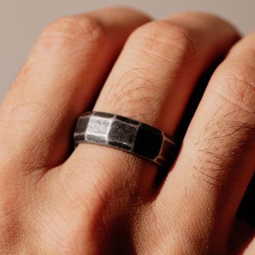 Hexa Industrial Facet Ring in Oxidized finish