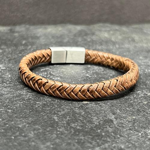 Tan Brown Flat Leather Bracelet With Brushed Stainless Steel Lock