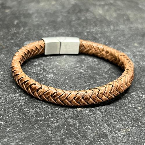 Tan Brown Flat Leather Bracelet With Brushed Stainless Steel Lock