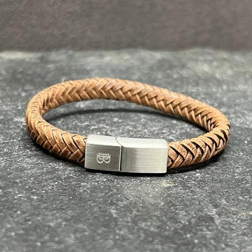 Tan Brown Flat Leather Bracelet With Brushed Stainless Steel Lock