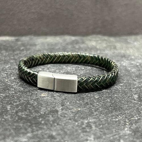 Green Flat Leather Bracelet With Brushed Stainless Steel Lock