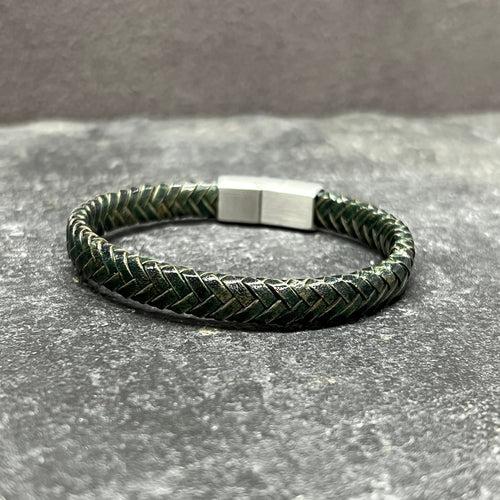 Green Flat Leather Bracelet With Brushed Stainless Steel Lock