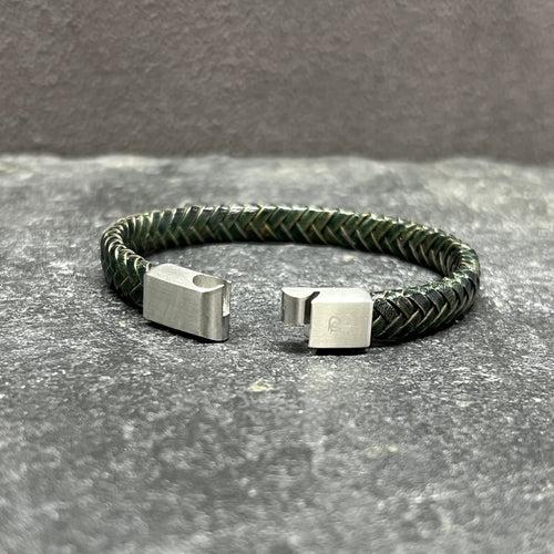 Green Flat Leather Bracelet With Brushed Stainless Steel Lock