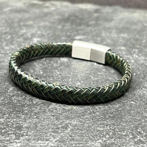 Green Flat Leather Bracelet With Brushed Stainless Steel Lock