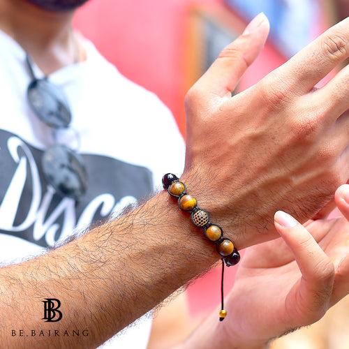 The Urban Pod Macrame Bracelet in Yellow Tiger Eye, Black Onyx Gemstones