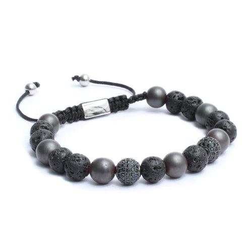 The Macrame Drawstring Styled Bracelet in Matte Hematite & Volcanic Lava Gemstone