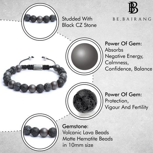 The Macrame Drawstring Styled Bracelet in Matte Hematite & Volcanic Lava Gemstone