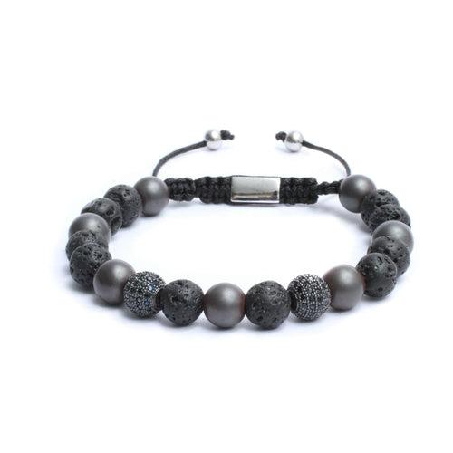 The Macrame Drawstring Styled Bracelet in Matte Hematite & Volcanic Lava Gemstone