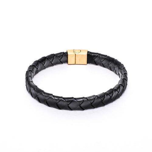 12x6mm Broad Weave Black Flat Leather Bracelet with Magnetic Clasp