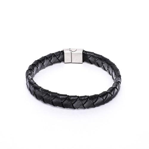 12x6mm Broad Weave Black Flat Leather Bracelet with Magnetic Clasp