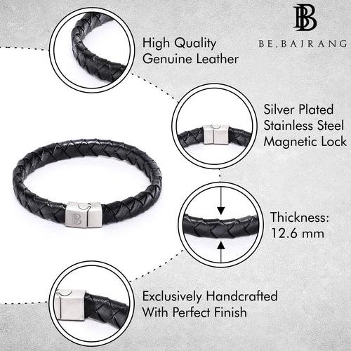 12x6mm Broad Weave Black Flat Leather Bracelet with Magnetic Clasp