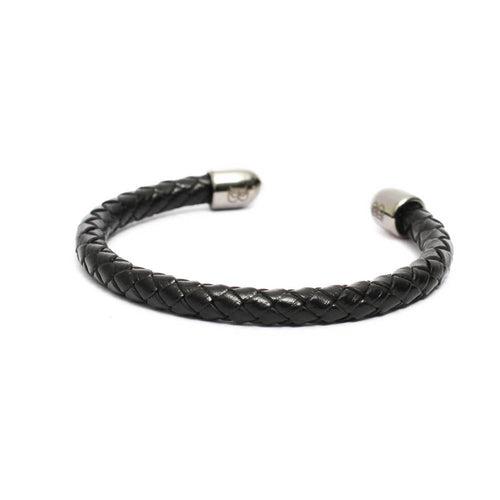 6mm Black Round Braided Leather Cuff Bracelet