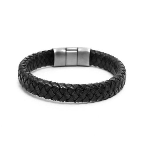 Flat Braided Genuine Black Leather Bracelet