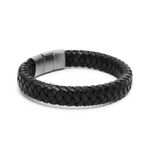 Flat Braided Genuine Black Leather Bracelet
