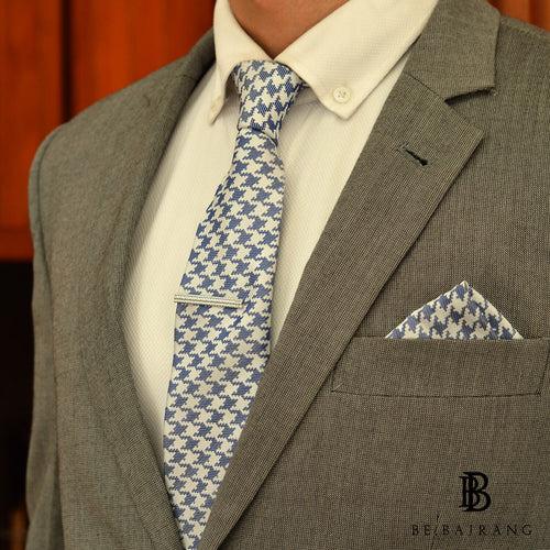 Houndstooth Silk Pocket Square, Blue & White