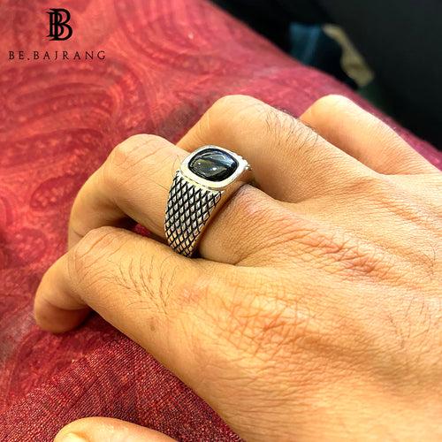 Chequered Signet Ring with Black Onyx Gemstone, in 925 Sterling Silver